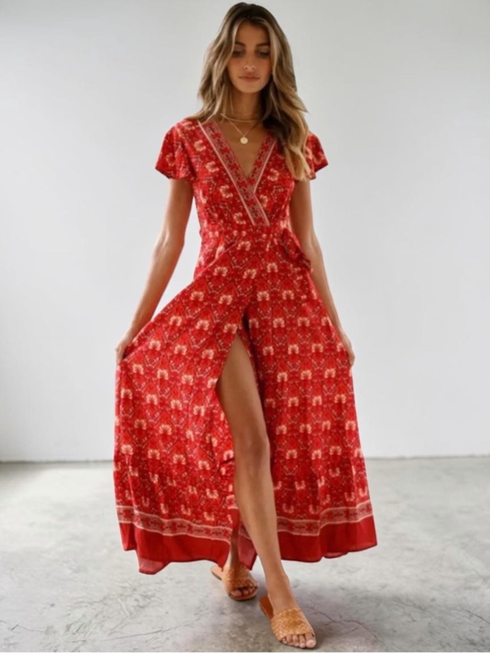 NWOT ZESICA Short-Sleeve Boho Maxi Wrap Dress in Red, Medium
